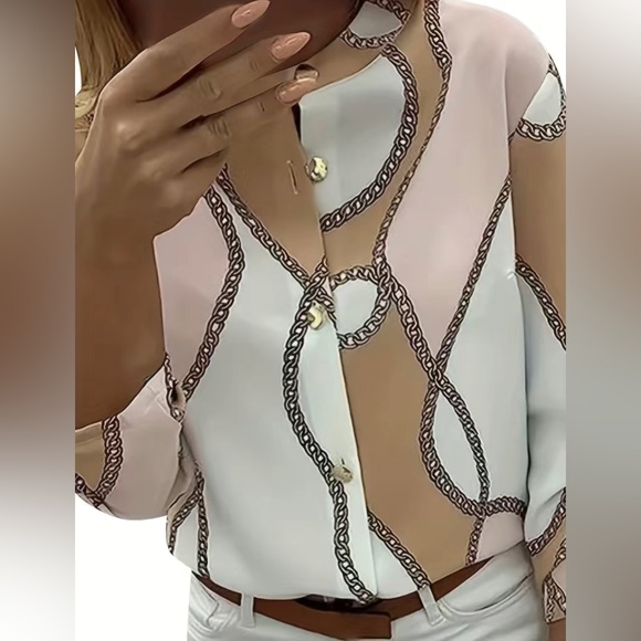 Plus Size Pink Colorblock Chain Print Button Up Roll Up Sleeve - Picture 8 of 11